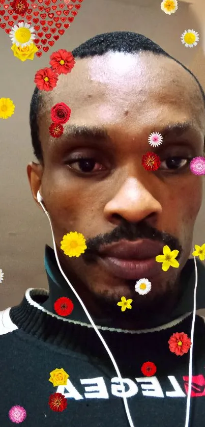 Portrait with vibrant floral filter and earphones.