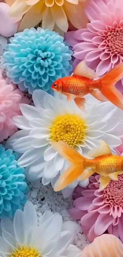 Vibrant floral mobile wallpaper with goldfish.