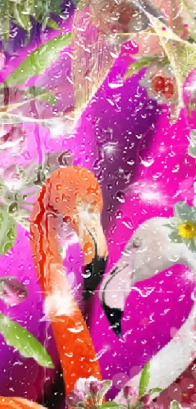 Vibrant floral and flamingo wallpaper with magenta background.