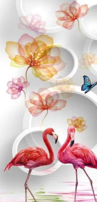 Flamingos with flowers and butterfly wallpaper design.