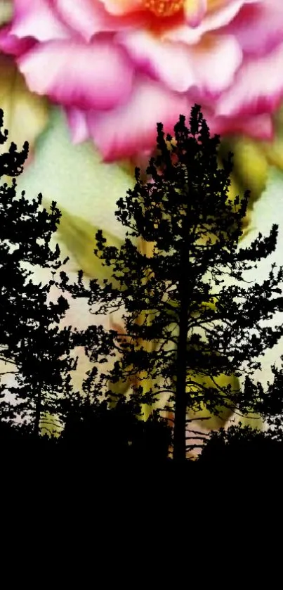 Mobile wallpaper with floral art and forest silhouettes.