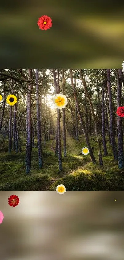 Serene forest with colorful floating flowers.