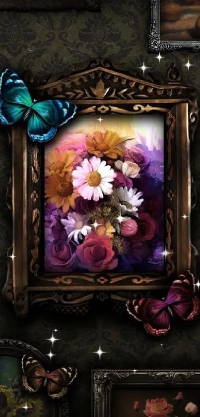 Vintage floral art wallpaper with butterflies.