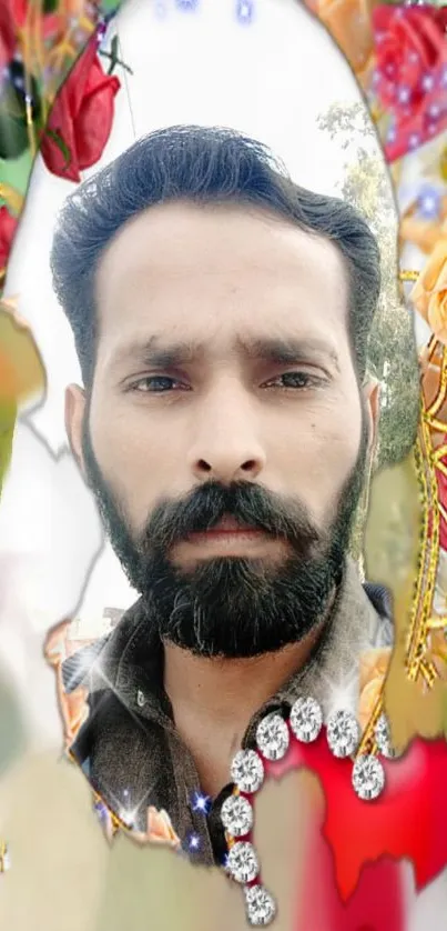 Bearded man surrounded by ornate floral frame and sparkling jewels.