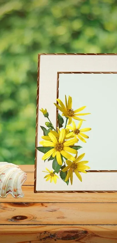 Floral frame with yellow flowers on a wooden table background.