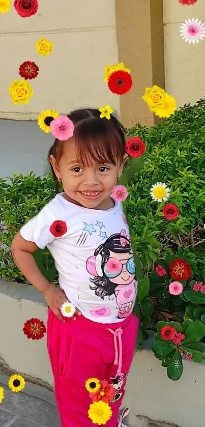 Child surrounded by vibrant flowers against a green backdrop.