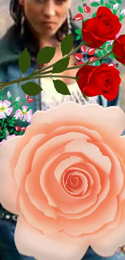 Vibrant floral wallpaper with red and peach roses for mobile devices.