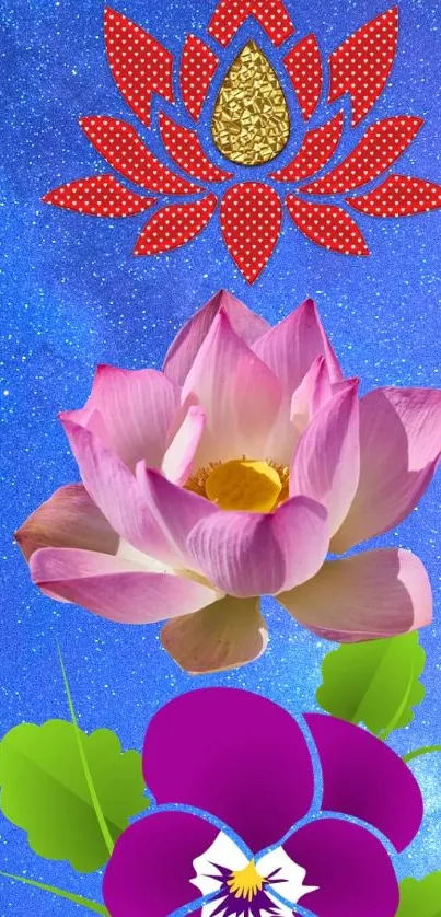 Vibrant lotus on a starry blue background.