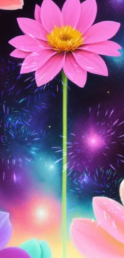 Pink flower with cosmic starry background wallpaper.
