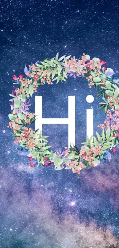 Floral wreath on galaxy background with stars and a 'Hi' greeting.