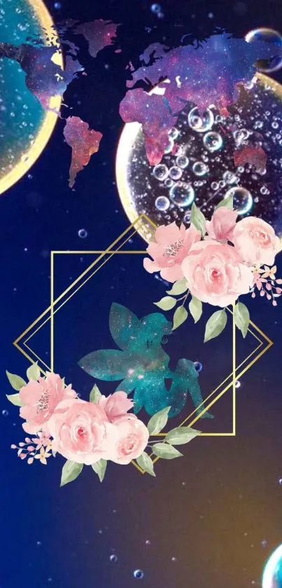 Galaxy-themed wallpaper with flowers and stars.