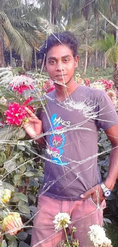 Person in a colorful flower garden with lush greenery.