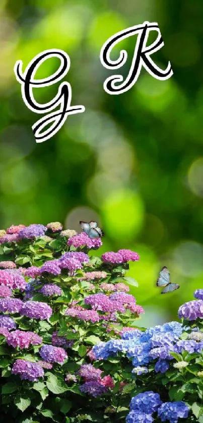 Colorful floral wallpaper with butterflies and lush greenery background.