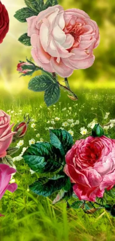 Vibrant garden wallpaper with pink roses and green foliage.