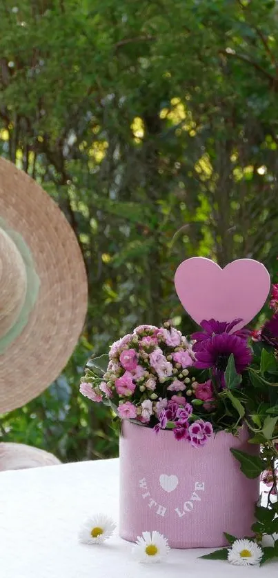 Serene garden wallpaper with flowers and straw hat on table.