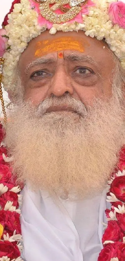 Portrait with colorful floral garlands and serene expression.