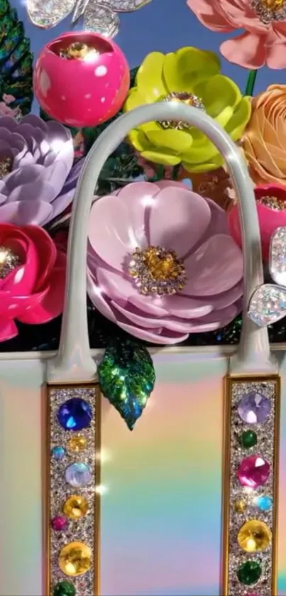 Stylish handbag with vibrant flowers and gemstones.