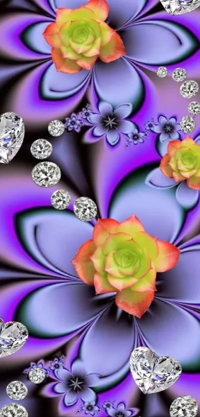 Vibrant floral and gemstone mobile wallpaper with purple and orange accents.