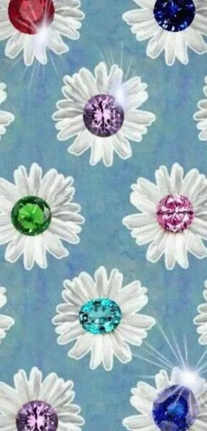 Floral and gemstone mobile wallpaper with blue background.