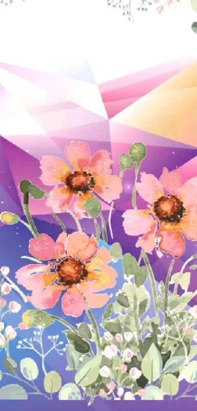 Geometric floral wallpaper with vibrant purple hues.