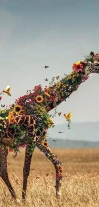 Giraffe with floral crown in a field with butterflies.