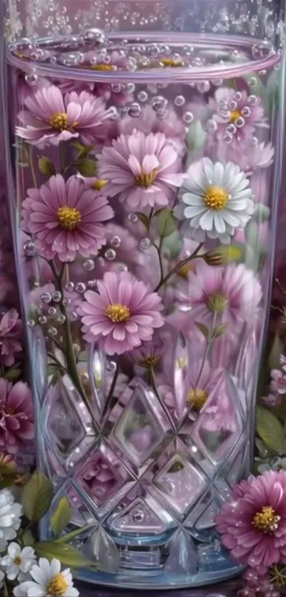 Floral glass art wallpaper with delicate flowers in water.
