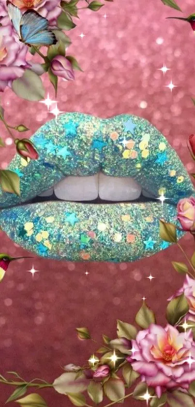 Glittery lips with floral and pink background.