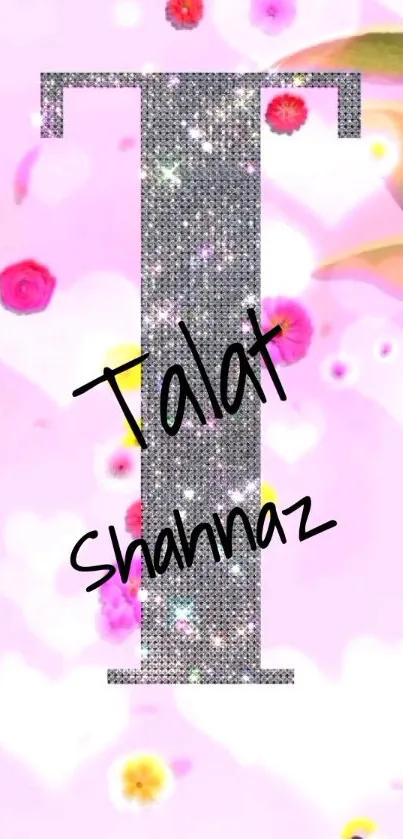 Floral glitter sparkle wallpaper with letter 'T' and colorful flowers.