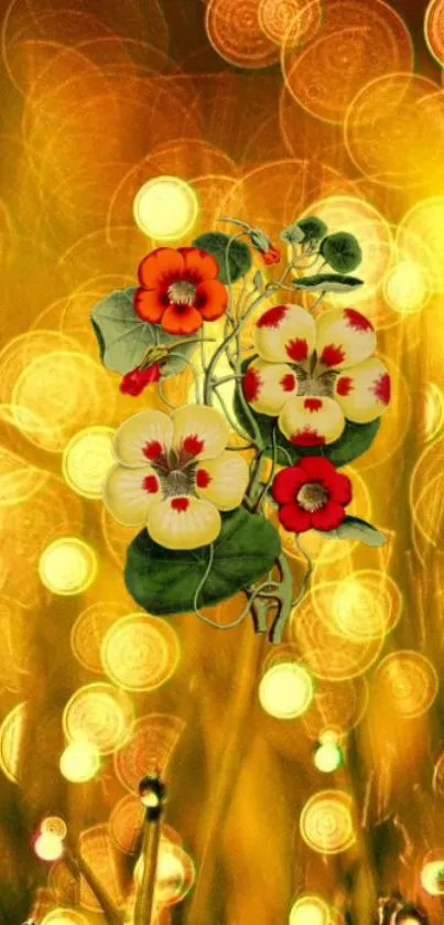 Vibrant floral design with glowing gold background for mobile wallpaper.