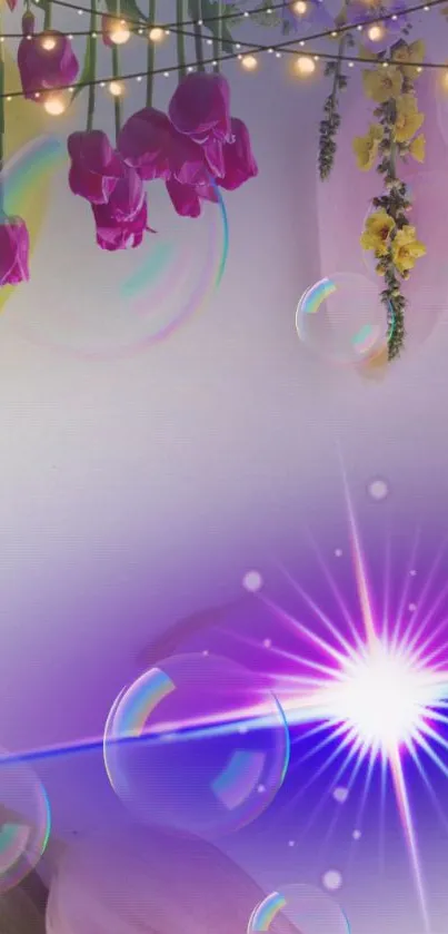 Purple floral glow mobile wallpaper with bubbles and lights.