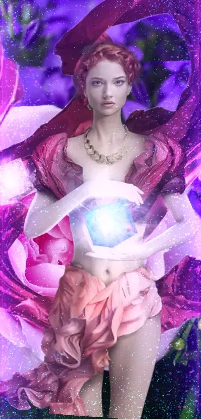 Fantasy goddess surrounded by purple flowers and a pink rose.
