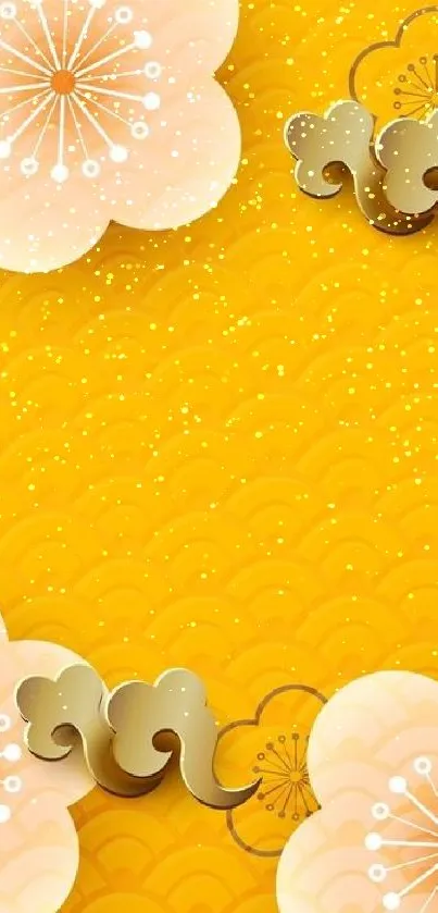 Floral wallpaper with gold wave on yellow background