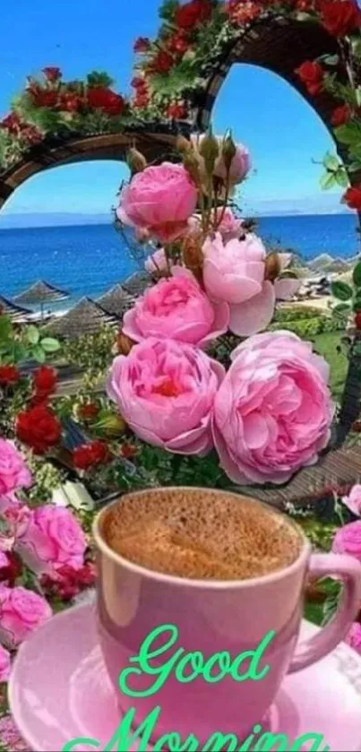 Pink roses and coffee cup with ocean background.