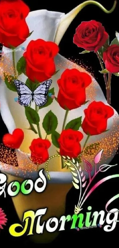 Good morning wallpaper with roses and butterflies on a dark background.