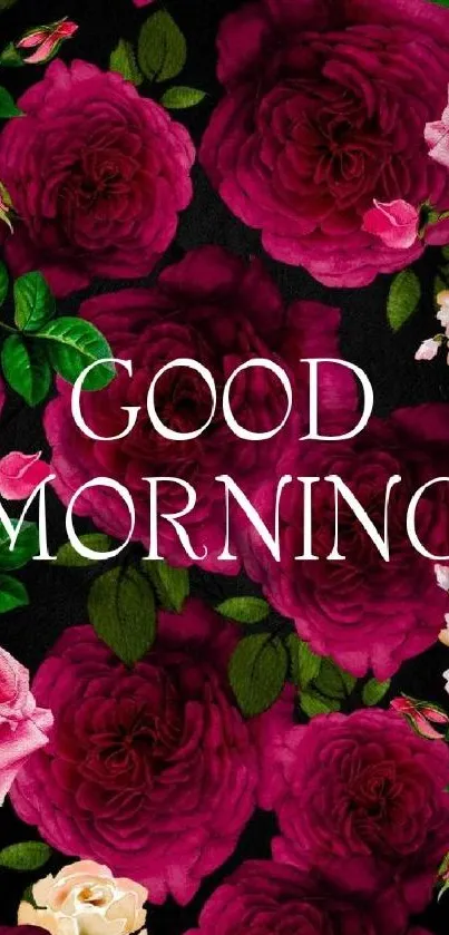 'Good Morning' text on floral background with roses.