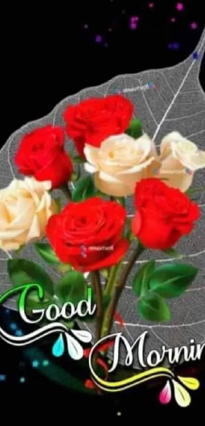 Good morning wallpaper with red and white roses on a black background.