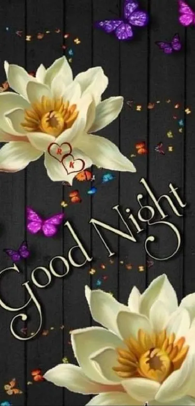 Good Night wallpaper with flowers and butterflies.