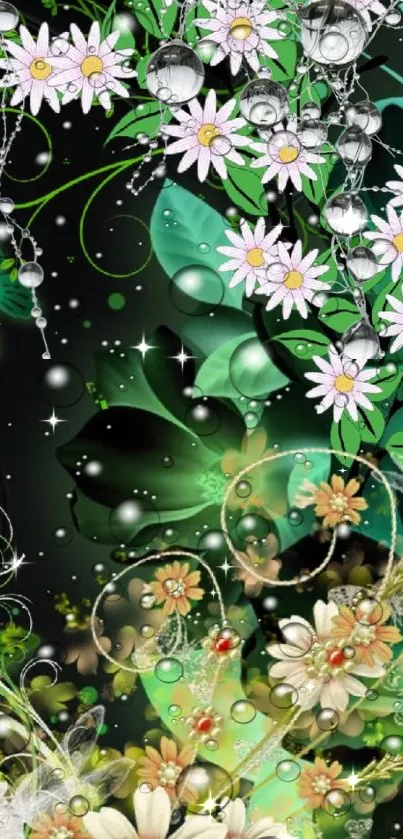 Floral fantasy wallpaper with green leaves and flowers.