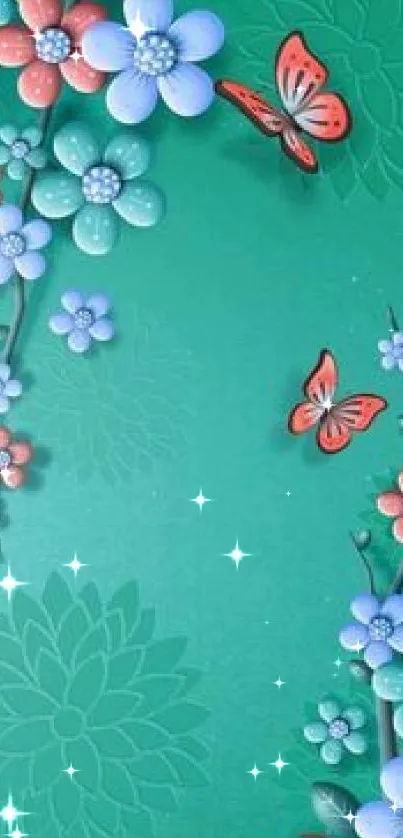 Green floral wallpaper with butterflies and colorful flowers.