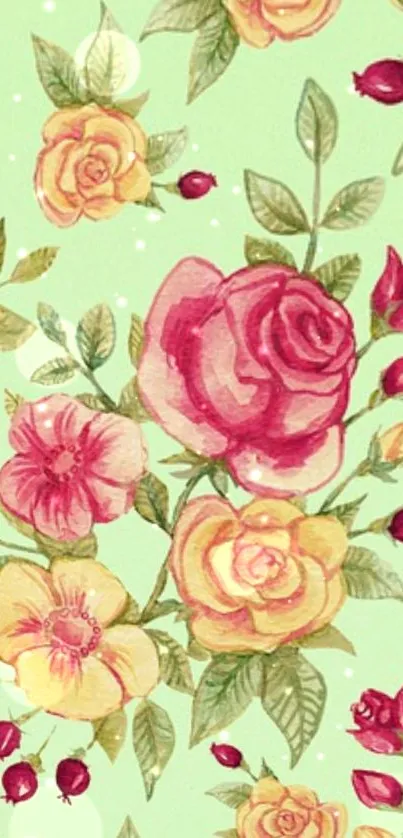 Vintage floral wallpaper with roses on green background.