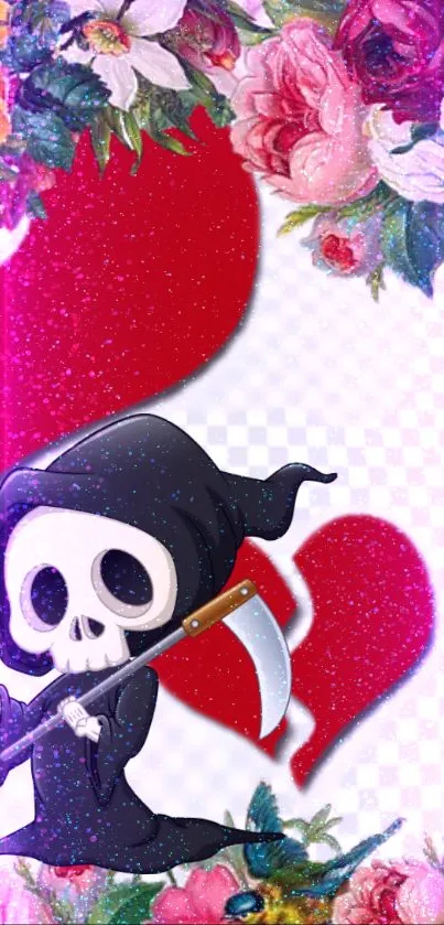 Grim Reaper with flowers and red hearts wallpaper.