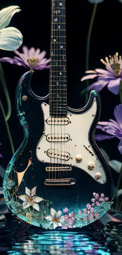 Artistic guitar surrounded by colorful flowers on a black background.