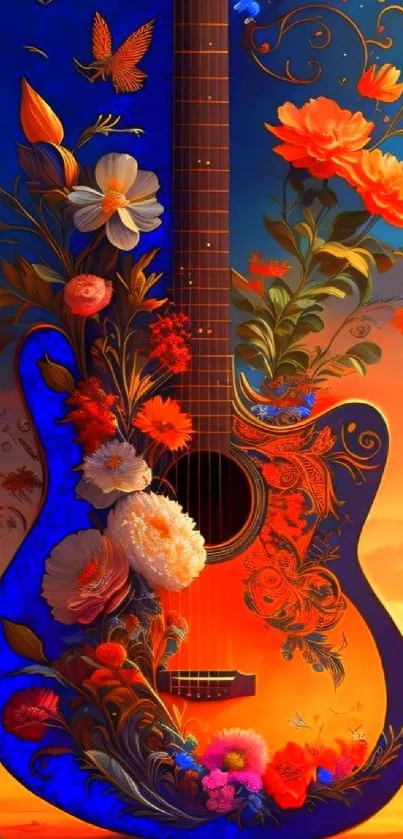 Artistic floral guitar wallpaper with vibrant colors.