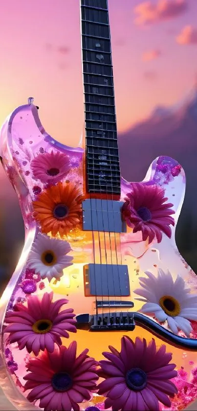 Guitar with flowers against a colorful sunset backdrop.