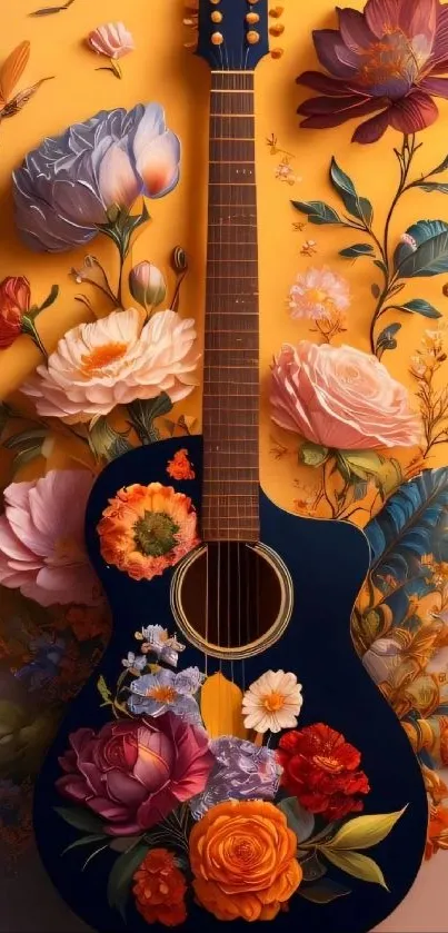 Guitar with vibrant floral design on yellow background.