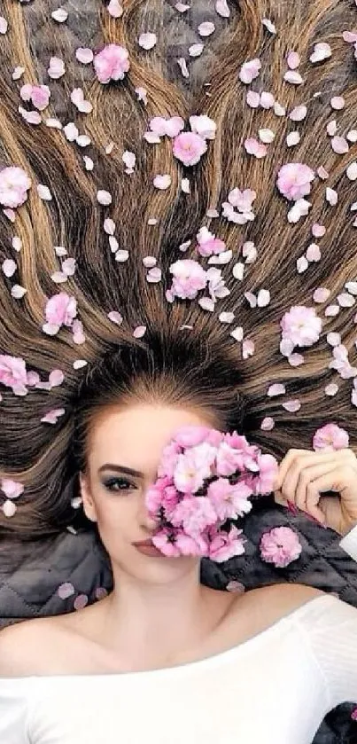 Woman with floral hair and pink petals, artistic wallpaper.