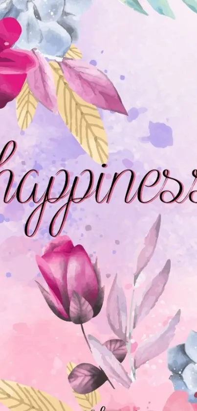 Floral happiness wallpaper with watercolor flowers and elegant text.