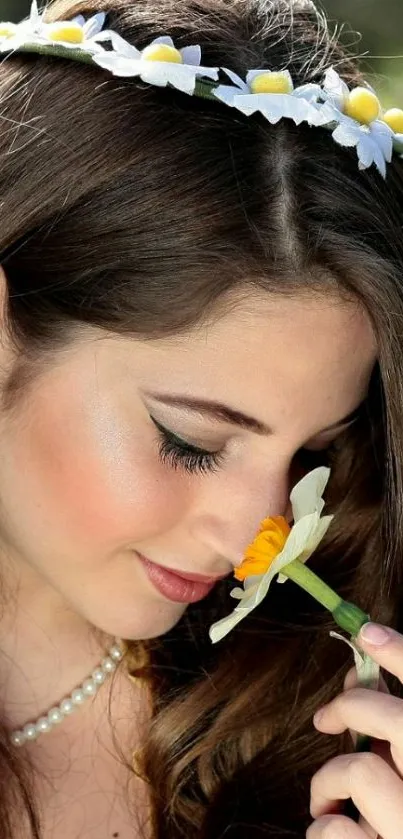 Woman with floral crown and flower in hand.