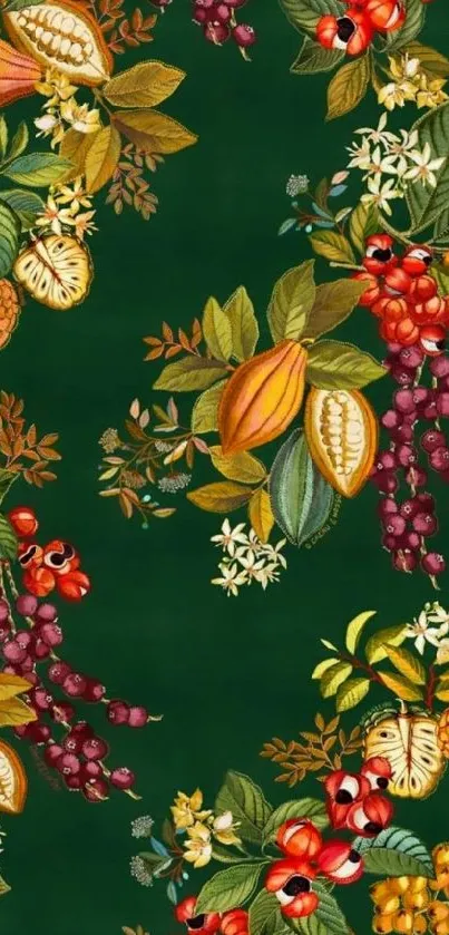 Dark green wallpaper with vibrant fruits and leafy botanical illustrations.