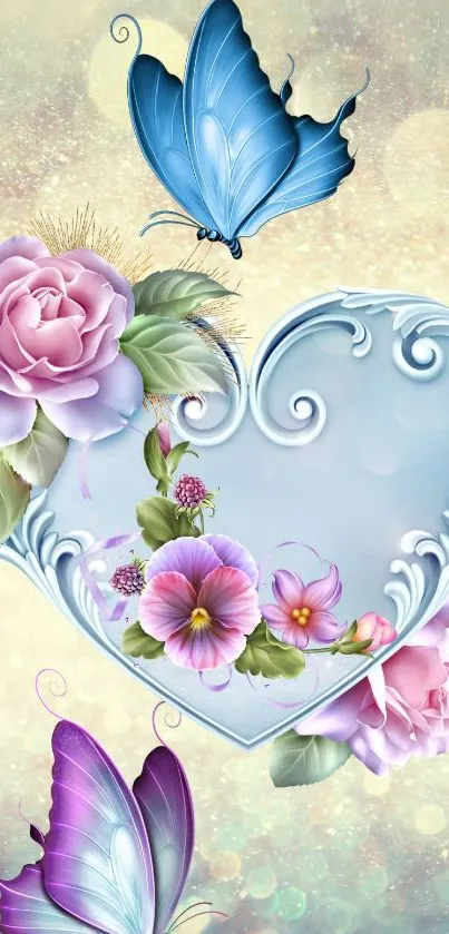 Floral heart and colorful butterflies wallpaper in pastel hues.